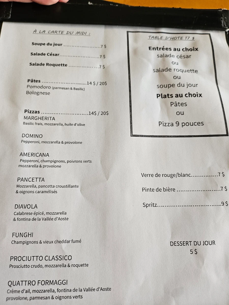 Menu, Pizzeria Geppetto Beaubien