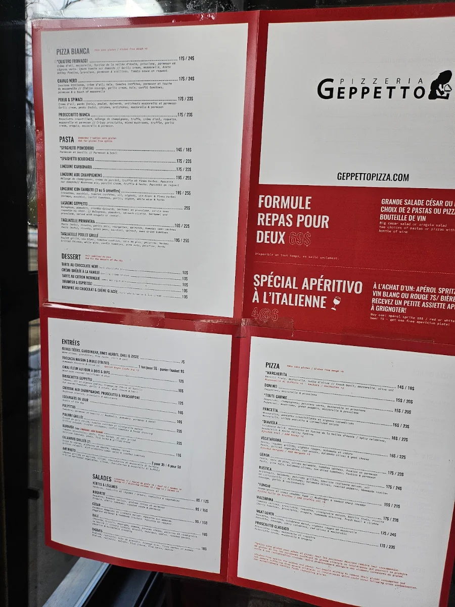 Menu, Pizzeria Geppetto Beaubien