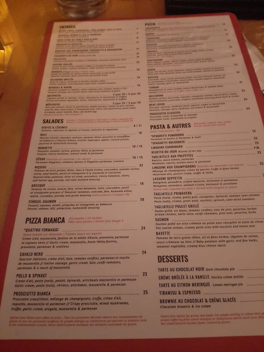 Menu, Pizzeria Geppetto Beaubien