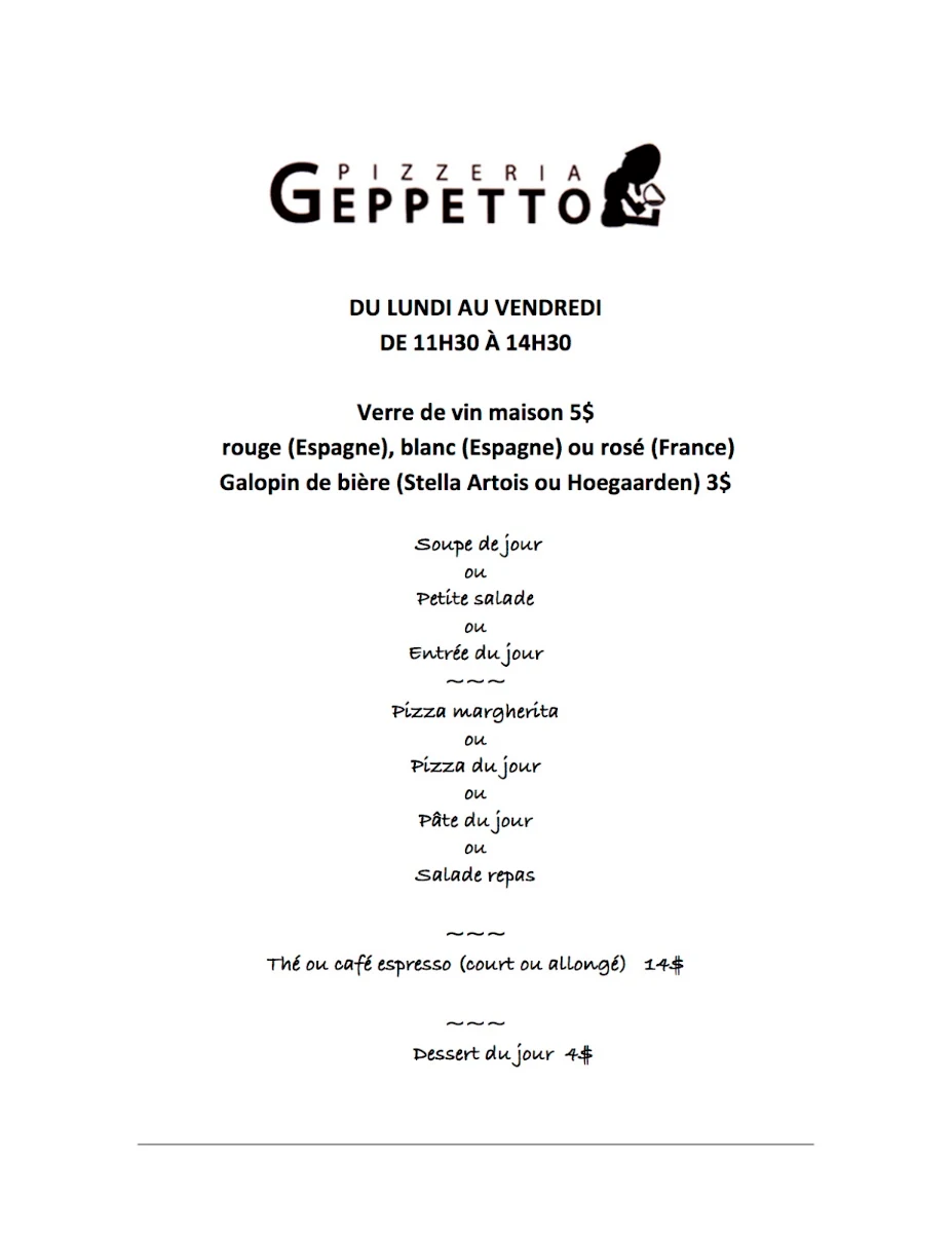 Menu, Pizzeria Geppetto Beaubien