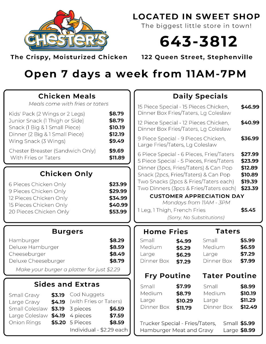 Menu, Chester Fried Chicken