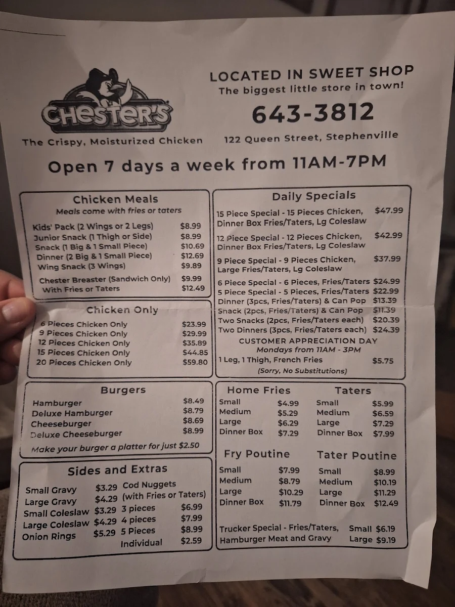 Menu, Chester Fried Chicken