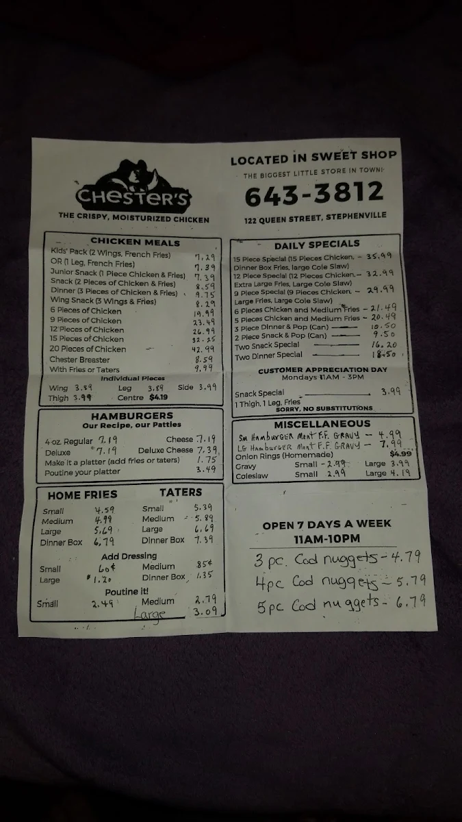 Menu, Chester Fried Chicken