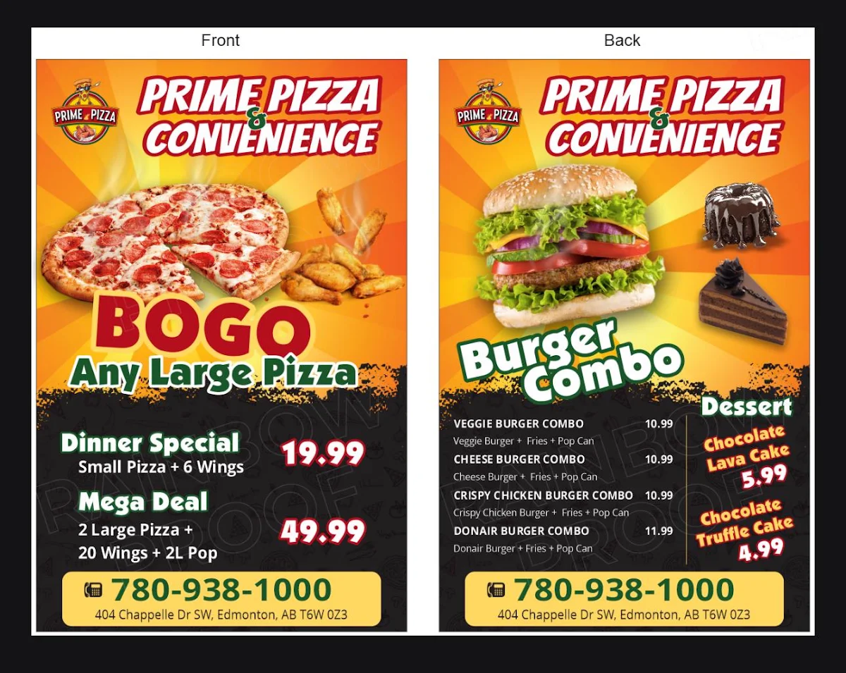 Menu, Prime Pizza & Convenience Store