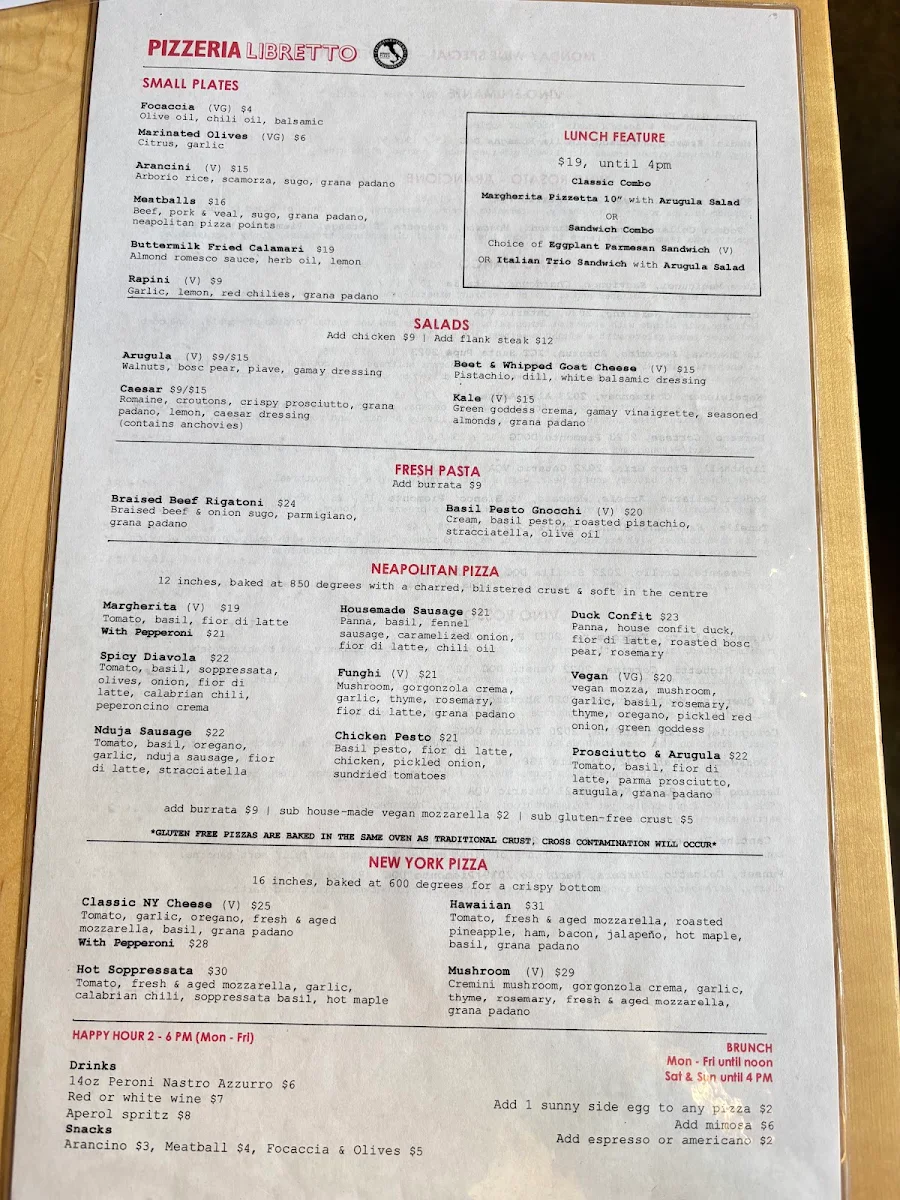 Menu, Pizzeria Libretto - University