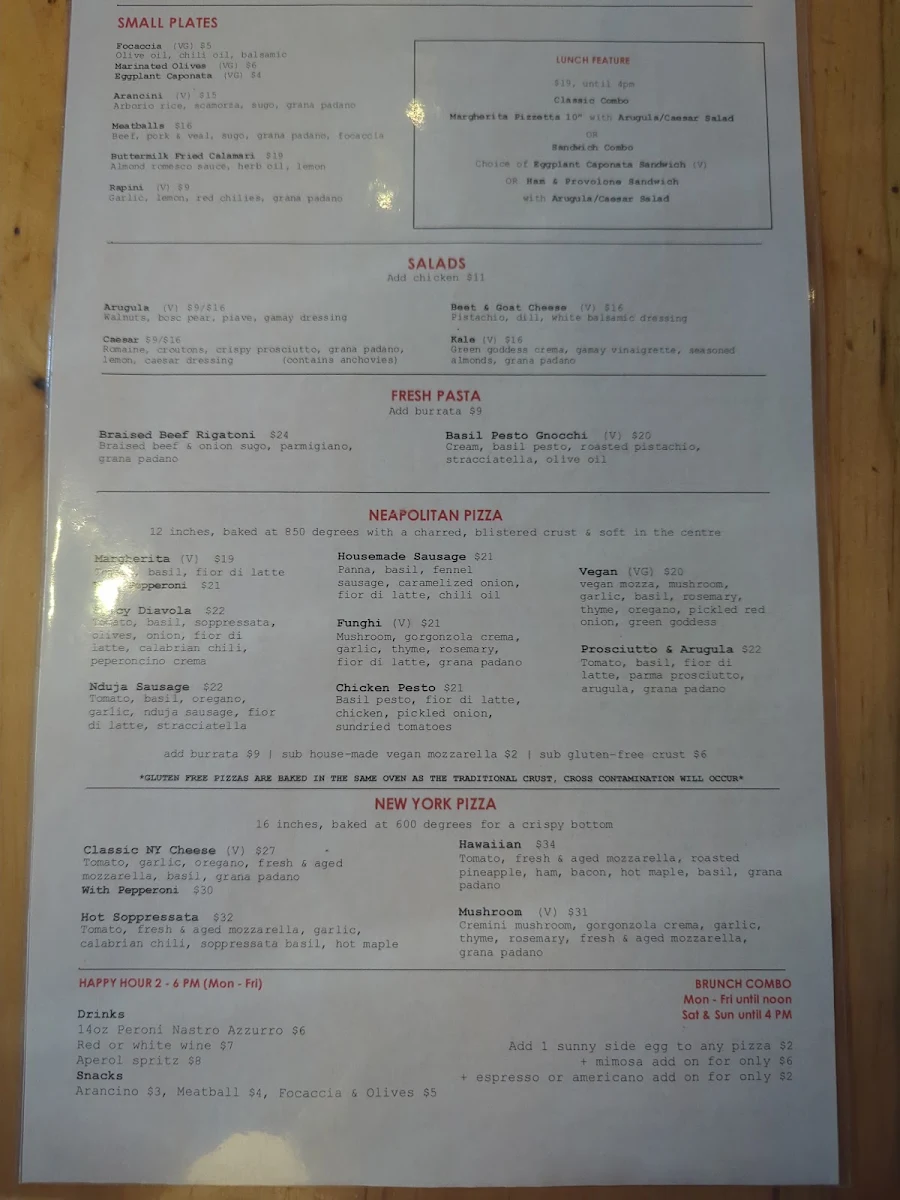 Menu, Pizzeria Libretto - University