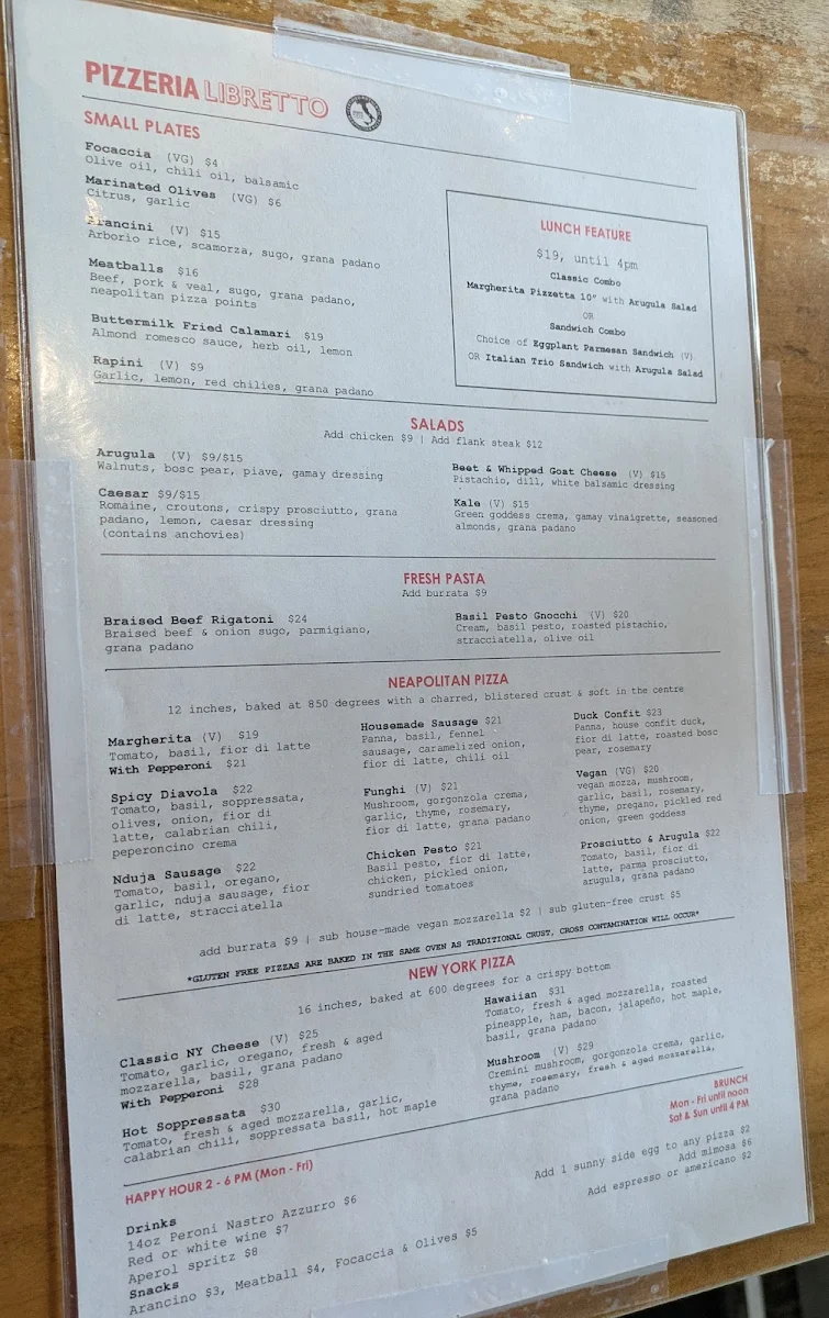 Menu, Pizzeria Libretto - University