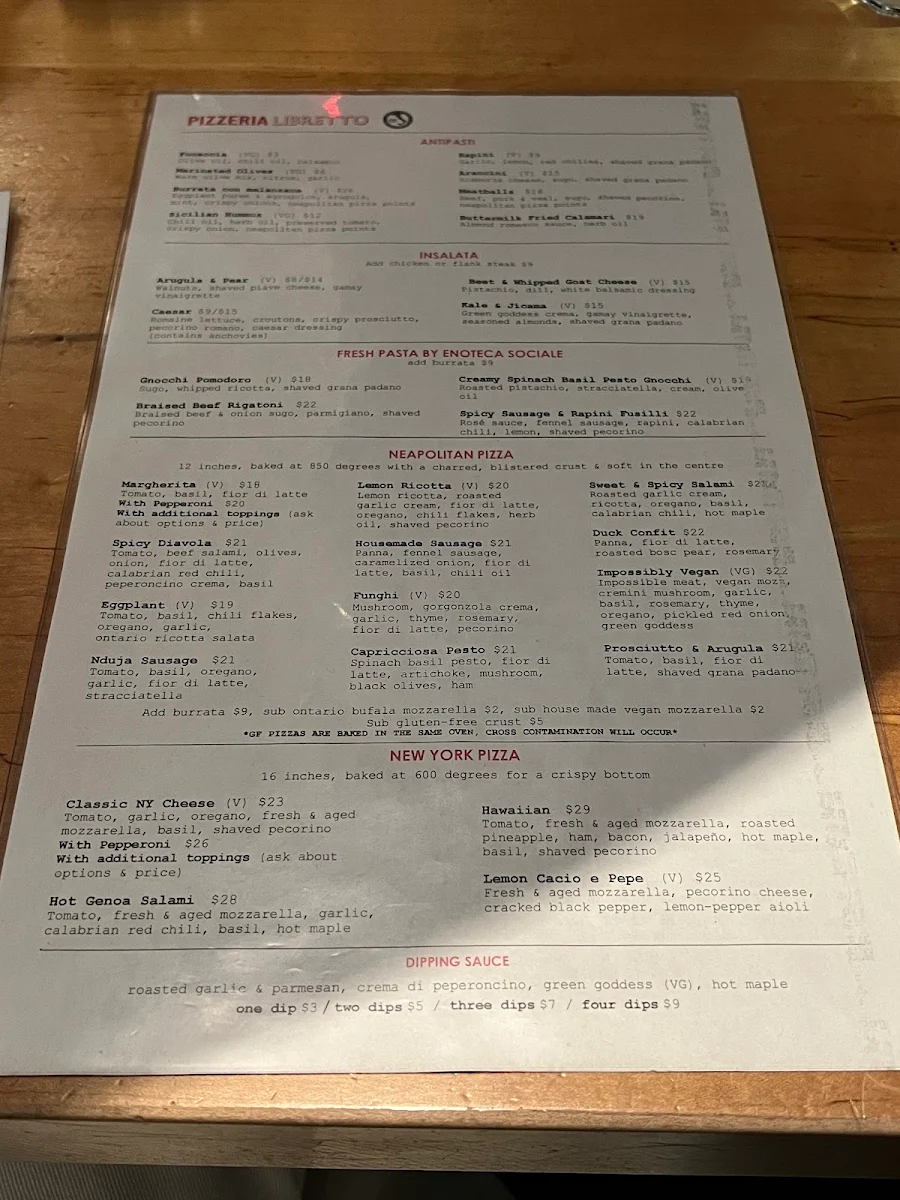 Menu, Pizzeria Libretto - University