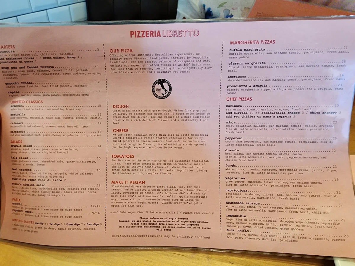 Menu, Pizzeria Libretto - University
