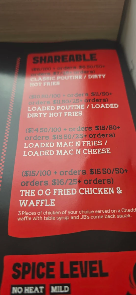Menu, Juicy Birds Nashville Hot Chicken