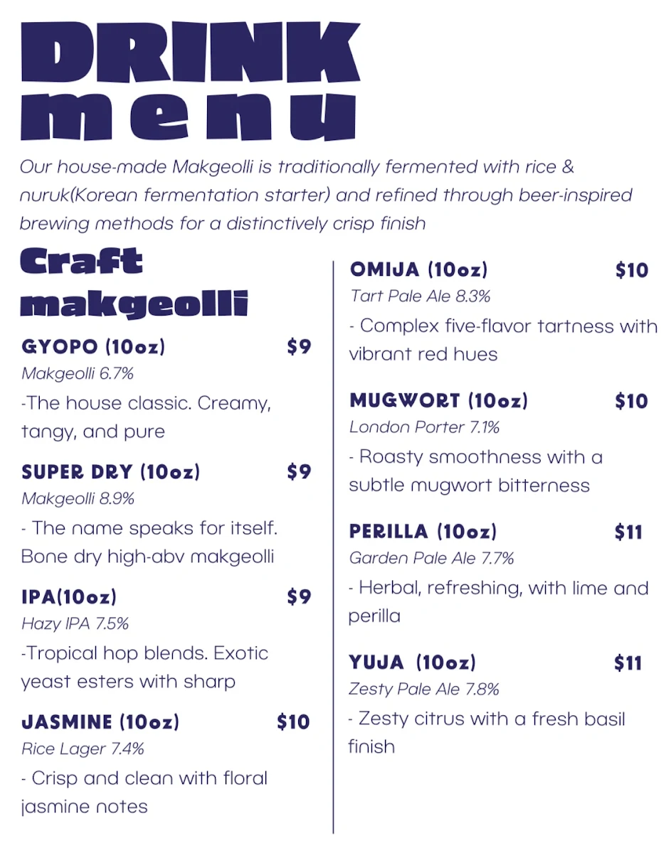 Menu, Gyopo Makgeolli Brewery 僑胞