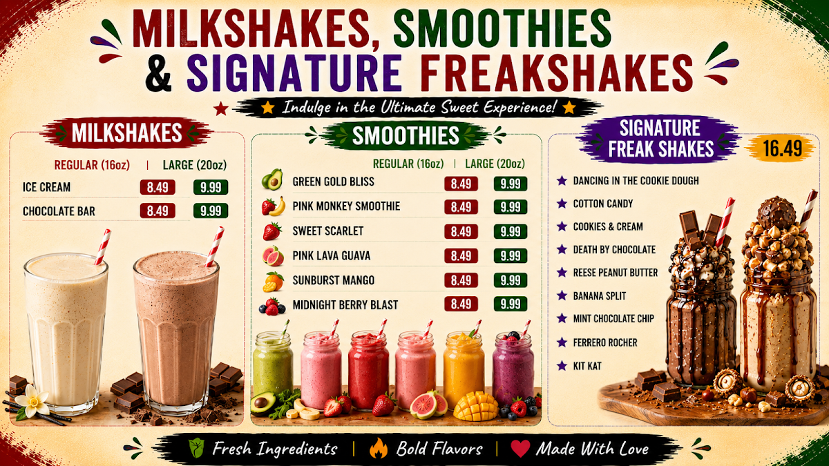 Menu, The Social Hub Burritos, Freakshake and Ice Cream