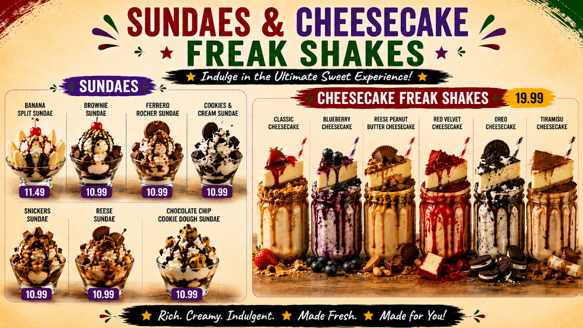 Menu, The Social Hub Burritos, Freakshake and Ice Cream