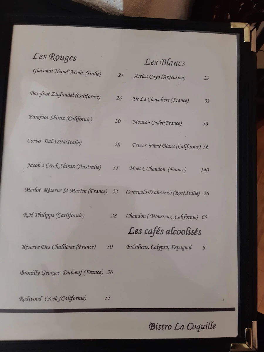 Menu, Bistro La Coquille