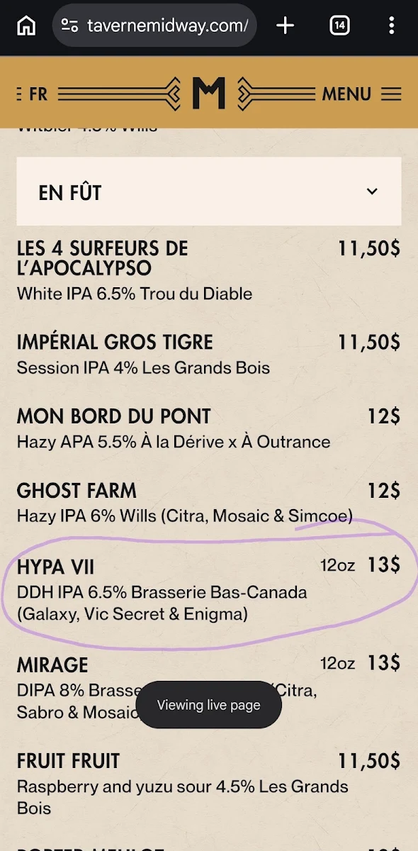 Menu, Taverne Midway