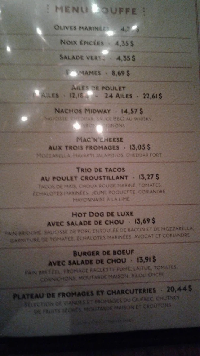 Menu, Taverne Midway