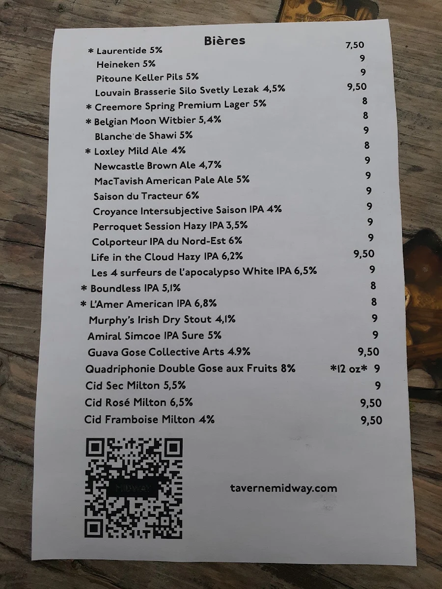 Menu, Taverne Midway