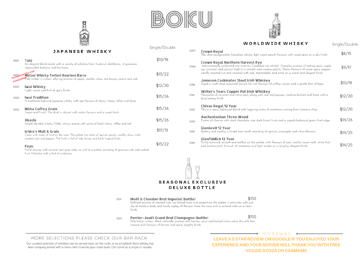 Menu, BOKU Japanese Eats + Drinks (Distillery District)