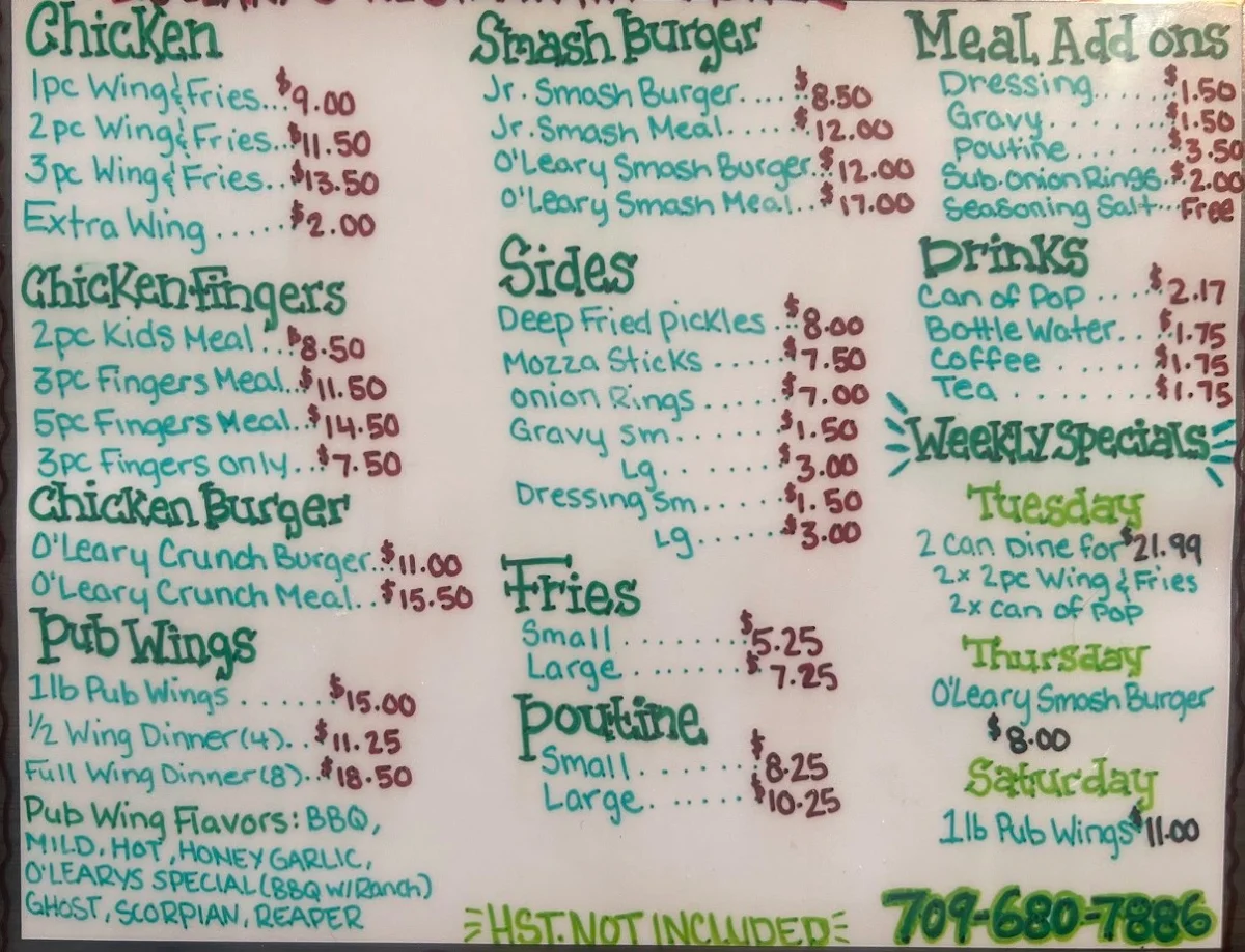 Menu, O’Leary’s Restaurant