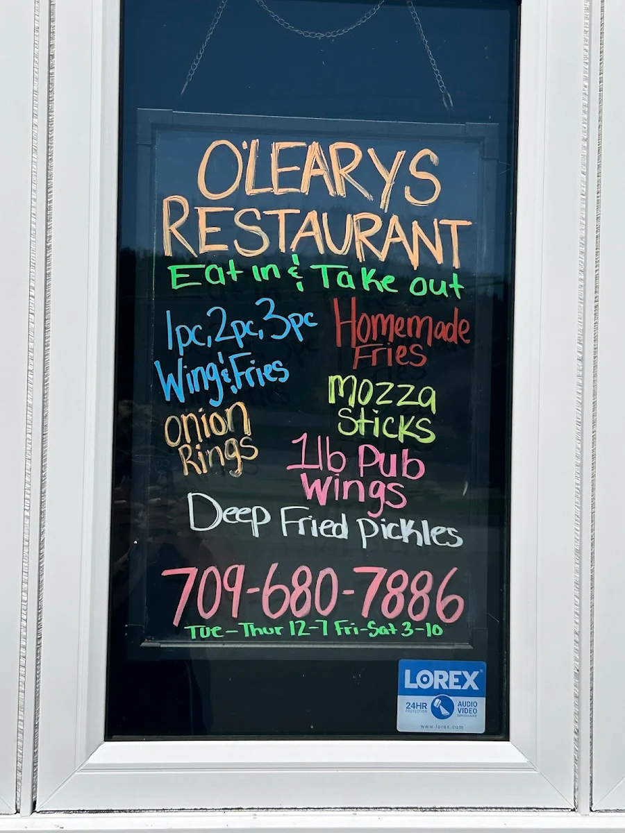 Menu, O’Leary’s Restaurant