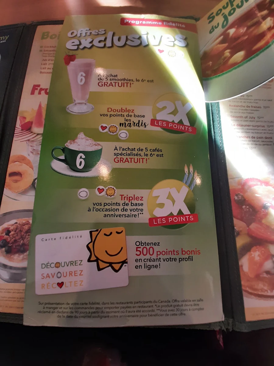 Menu, Cora Déjeuners et dîners