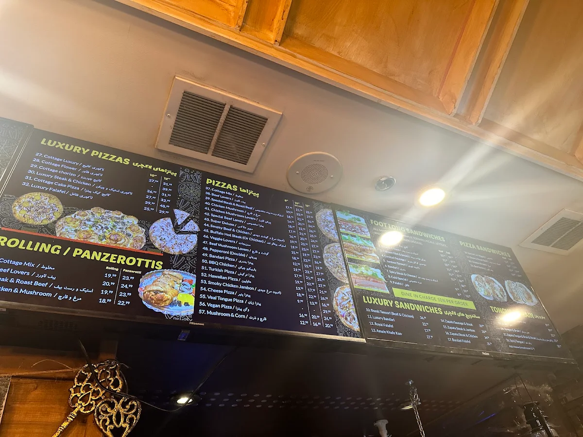 Menu, Cottage Pizza and Sandwich