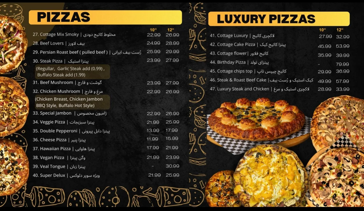 Menu, Cottage Pizza and Sandwich