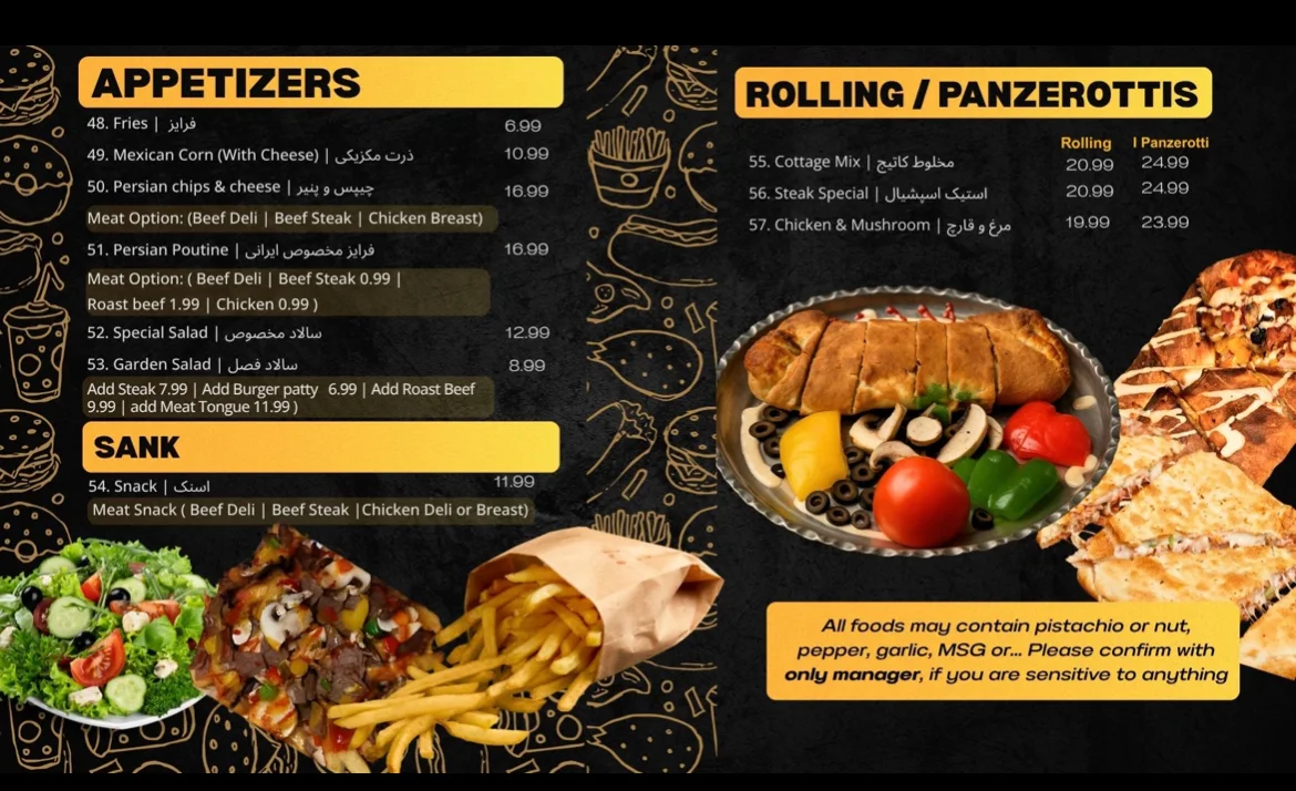 Menu, Cottage Pizza and Sandwich