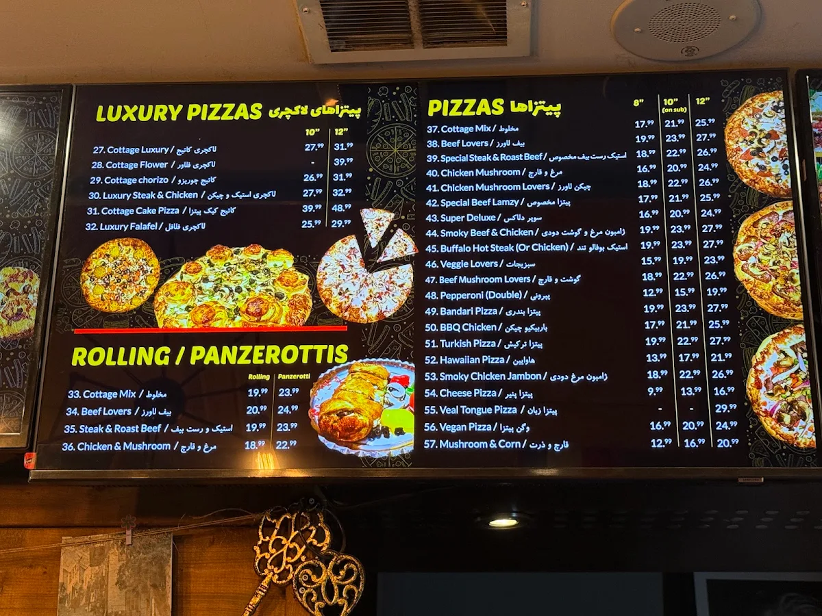 Menu, Cottage Pizza and Sandwich