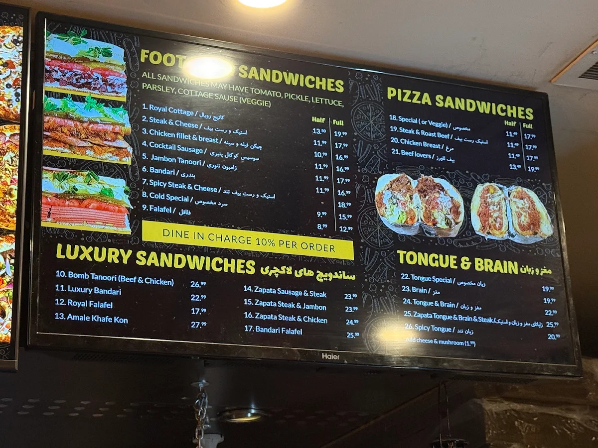Menu, Cottage Pizza and Sandwich