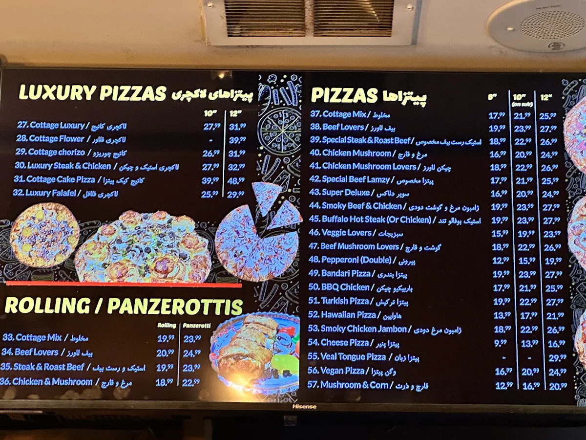 Menu, Cottage Pizza and Sandwich