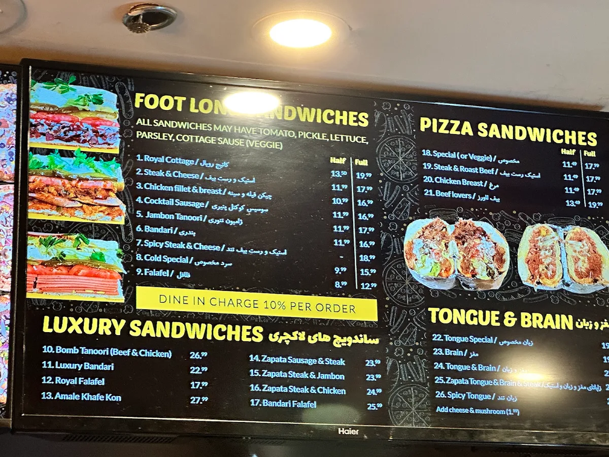 Menu, Cottage Pizza and Sandwich