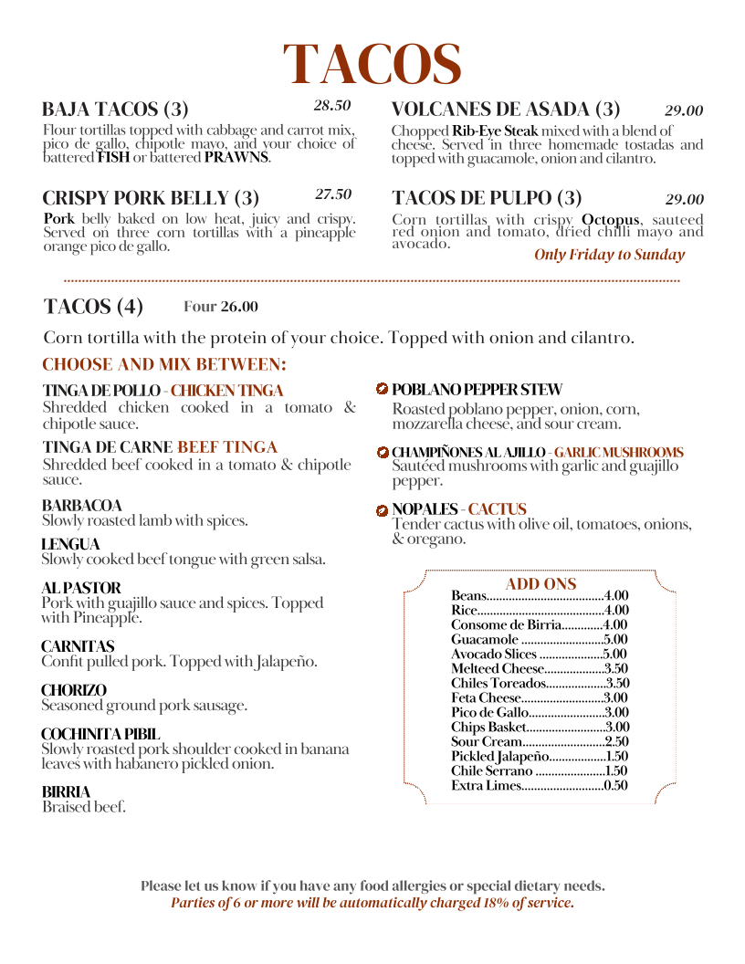 Menu, Patron Tacos & Cantina