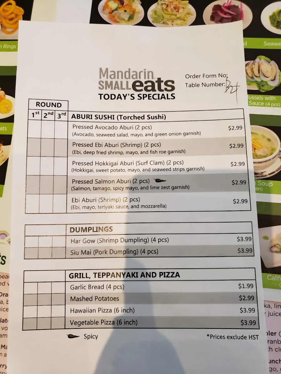 Menu, Mandarin Restaurant