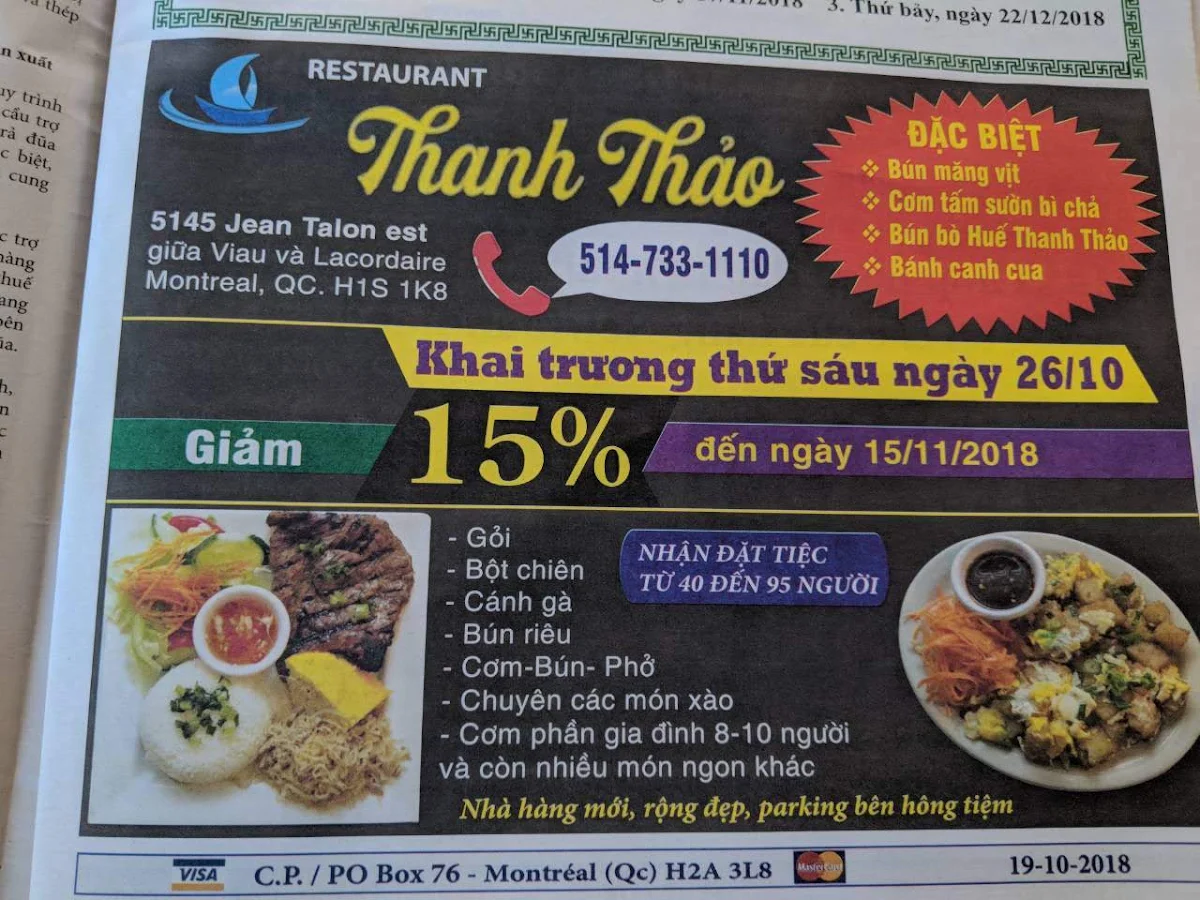 Menu, Restaurant Thanh Thảo