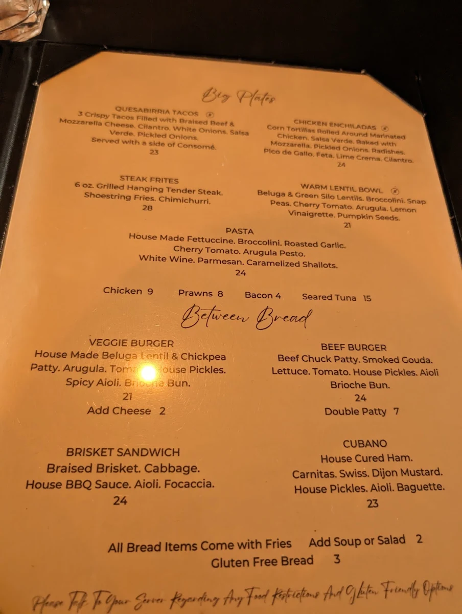 Menu, The Cure Kitchen + Bar