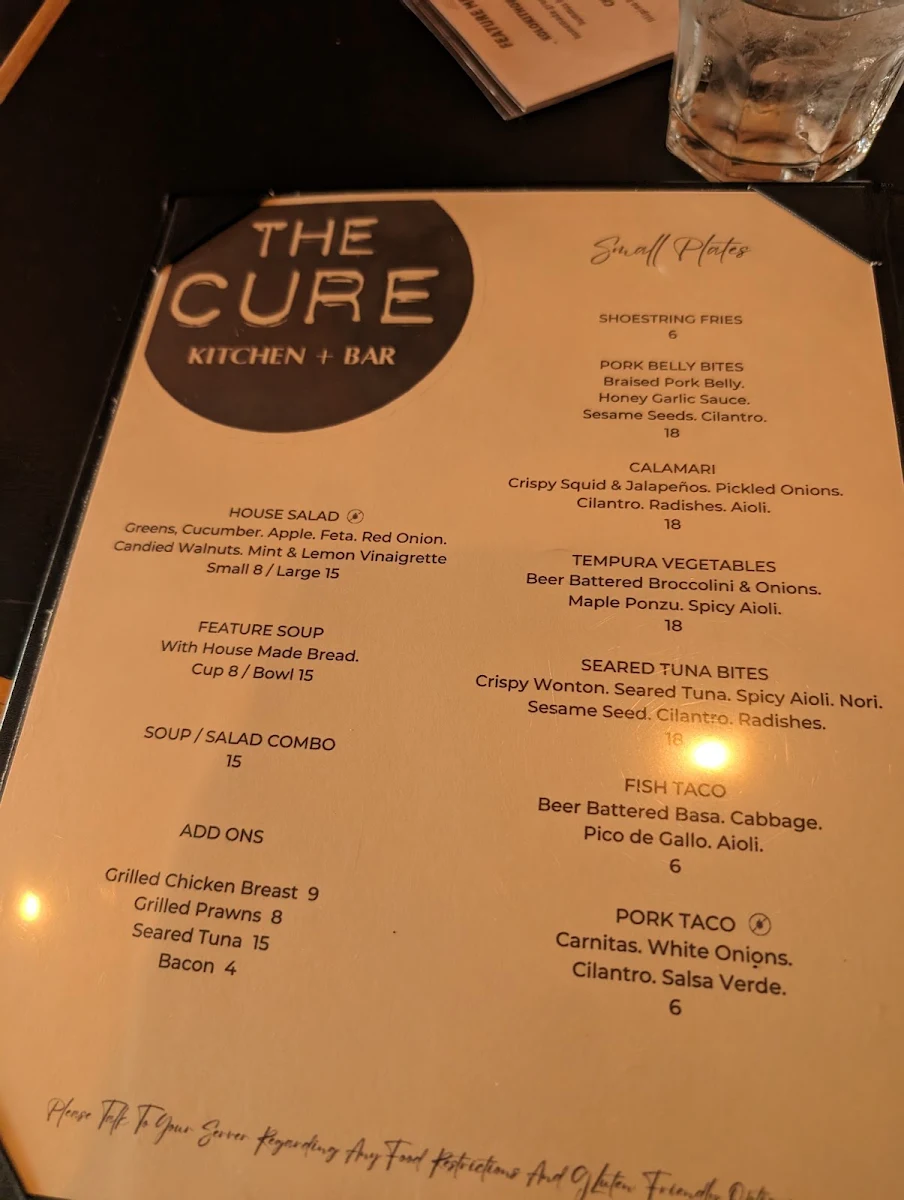 Menu, The Cure Kitchen + Bar