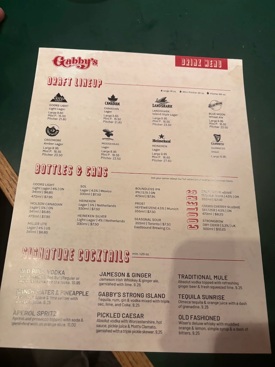 Menu, Gabby's