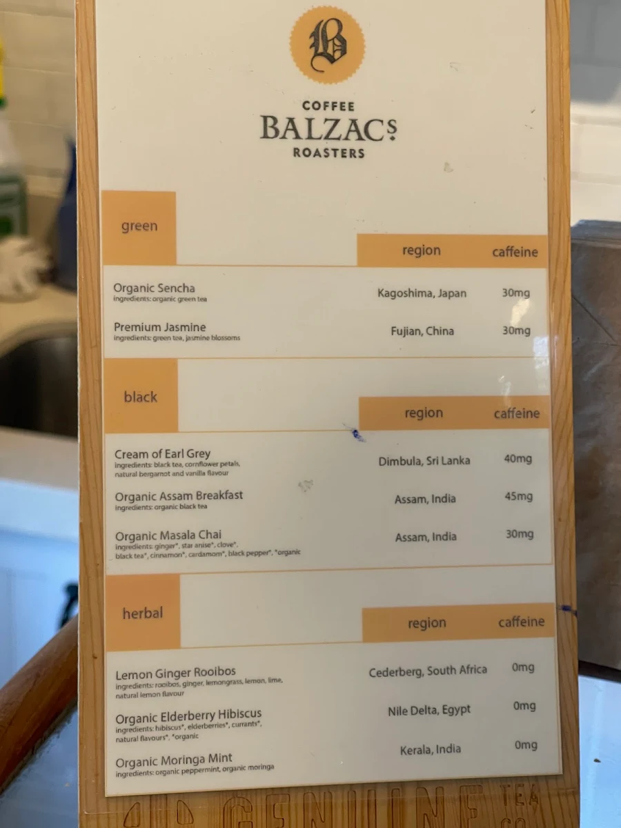 Menu, Balzac's Coffee Roasters