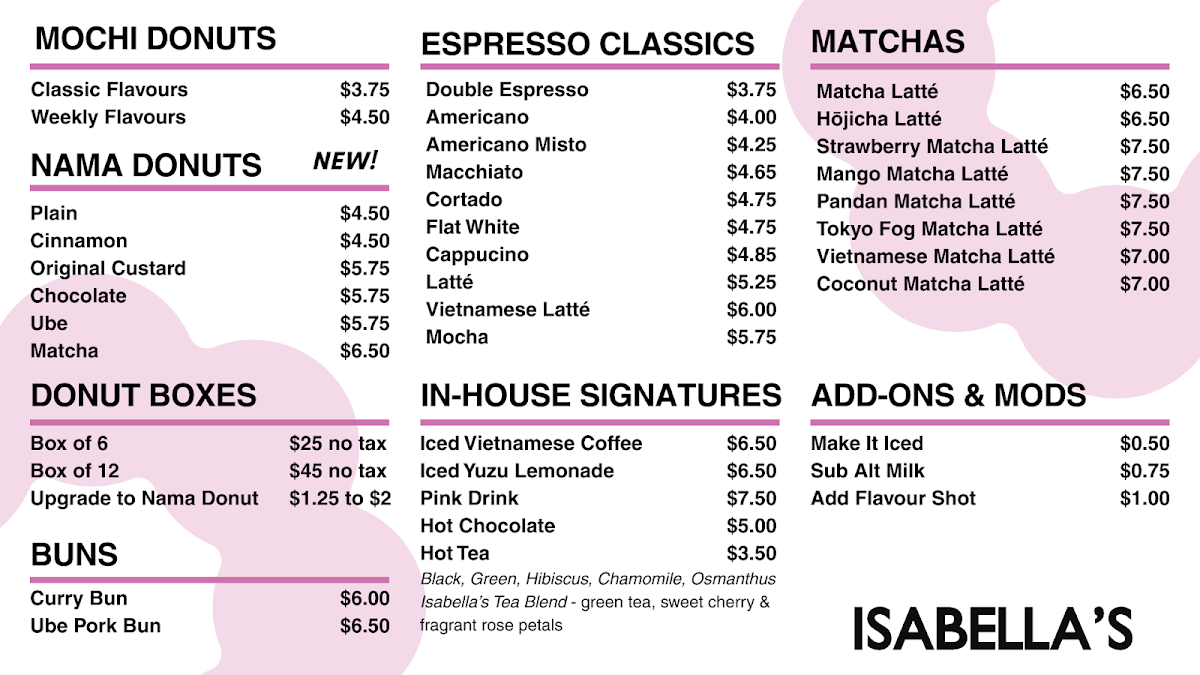 Menu, Isabella's Mochi Donut Café - Leaside