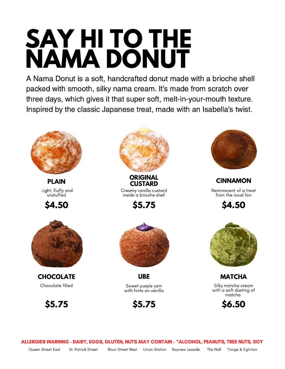 Menu, Isabella's Mochi Donut Café - Leaside