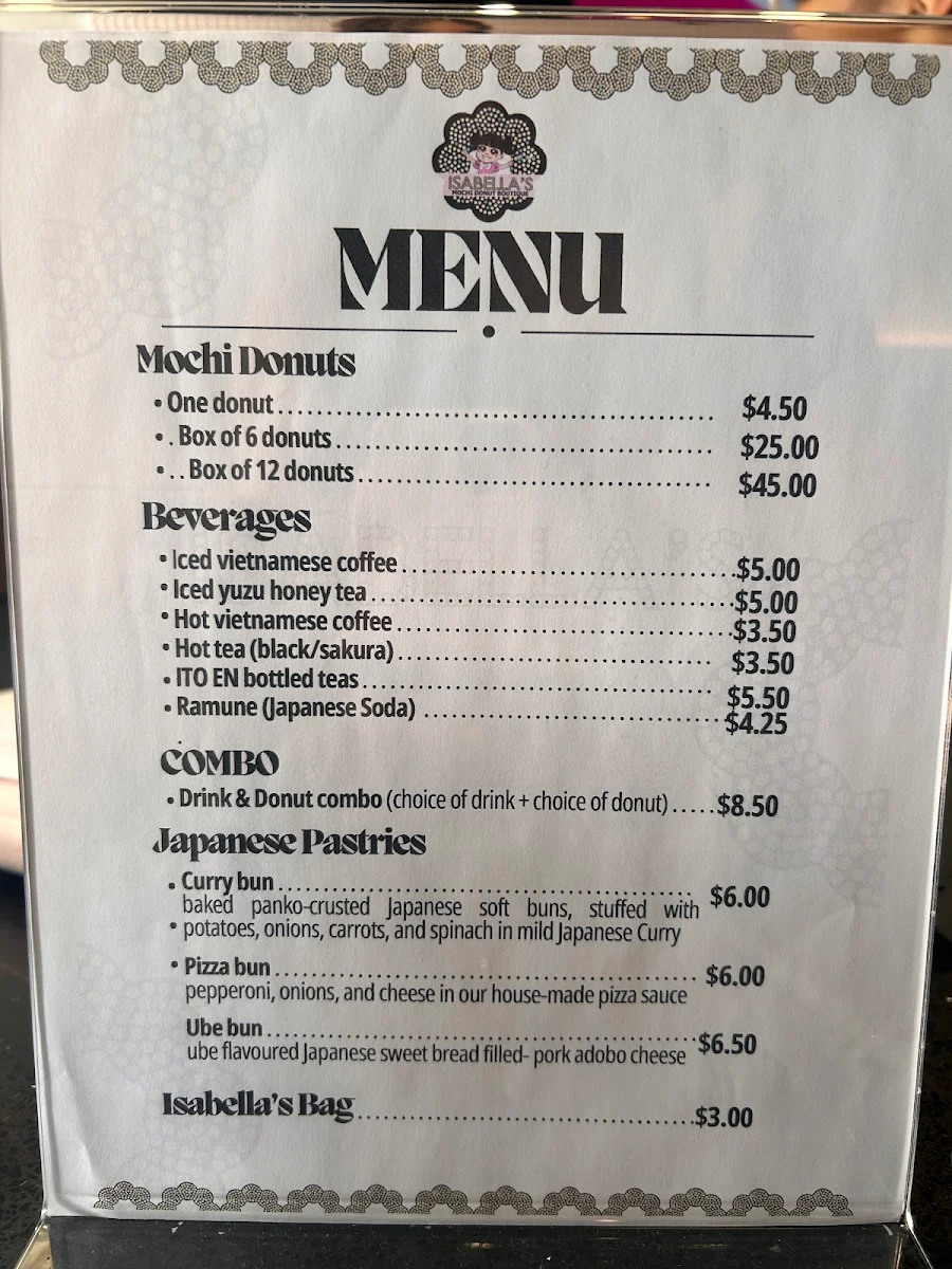 Menu, Isabella's Mochi Donut Café - Leaside