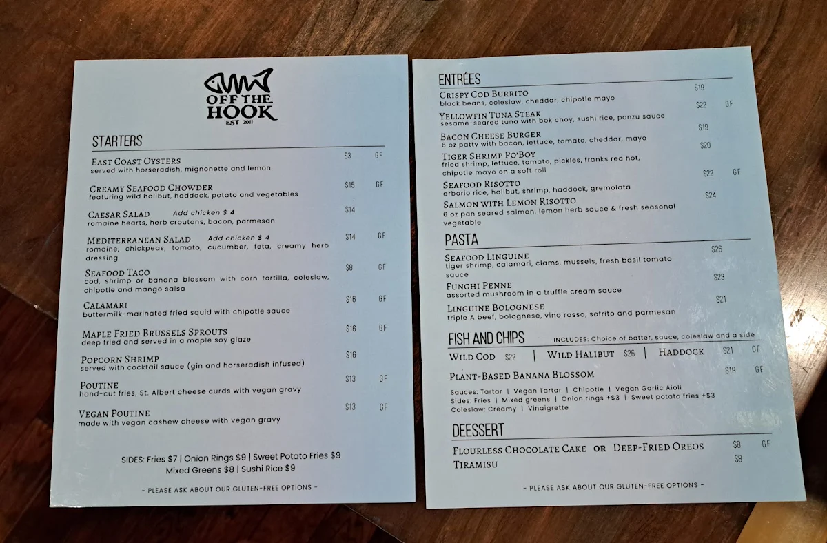 Menu, Off The Hook Fishbar