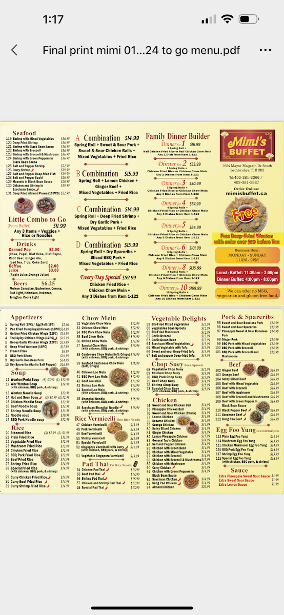 Menu, Mimi's Buffet