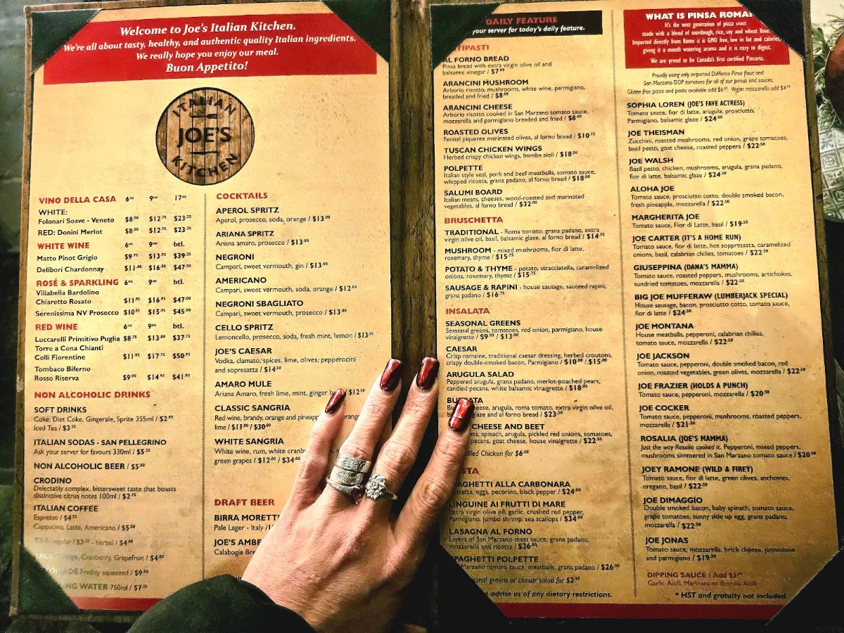 Menu, Joe's Italian Kitchen - Wellington