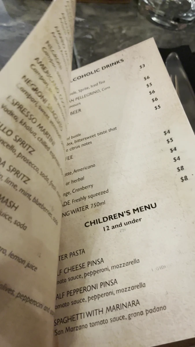 Menu, Joe's Italian Kitchen - Wellington