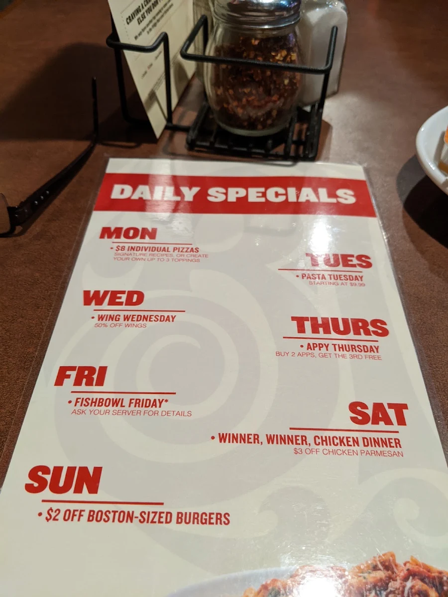 Menu, Boston Pizza