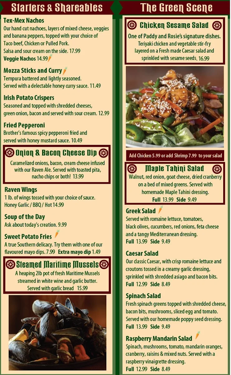 Menu, Paddy's Irish Brewpub & Rosie's Restaurant
