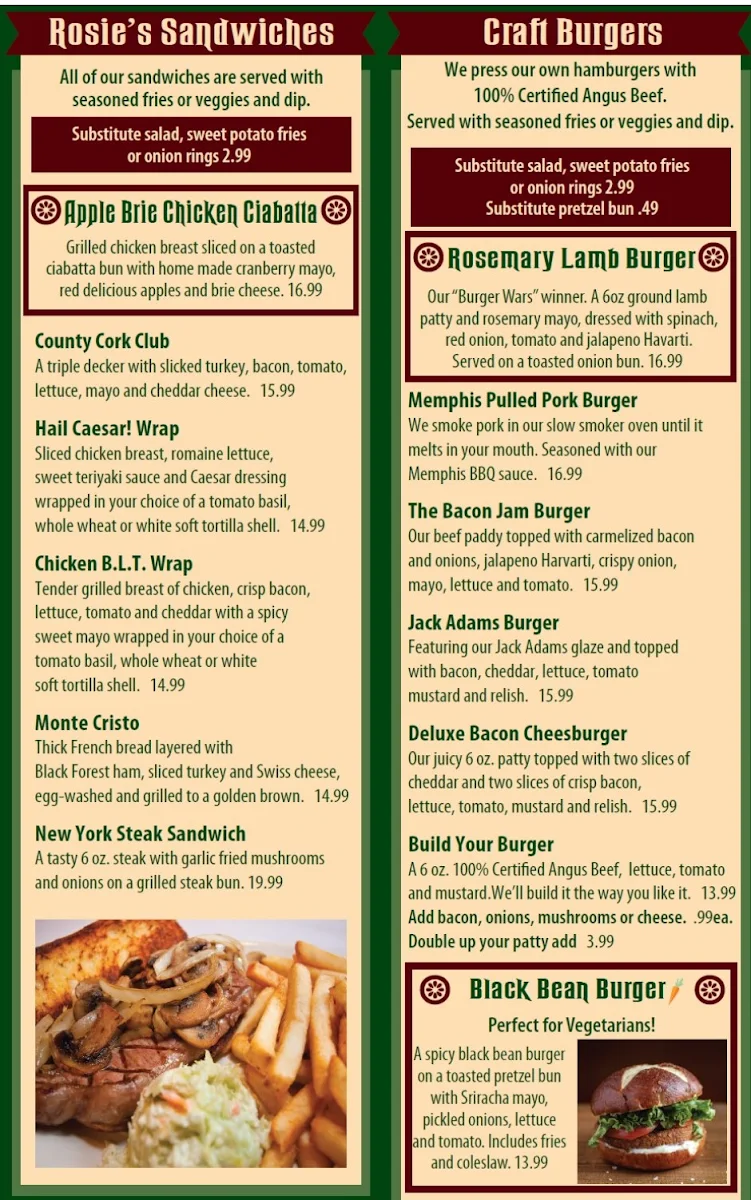 Menu, Paddy's Irish Brewpub & Rosie's Restaurant