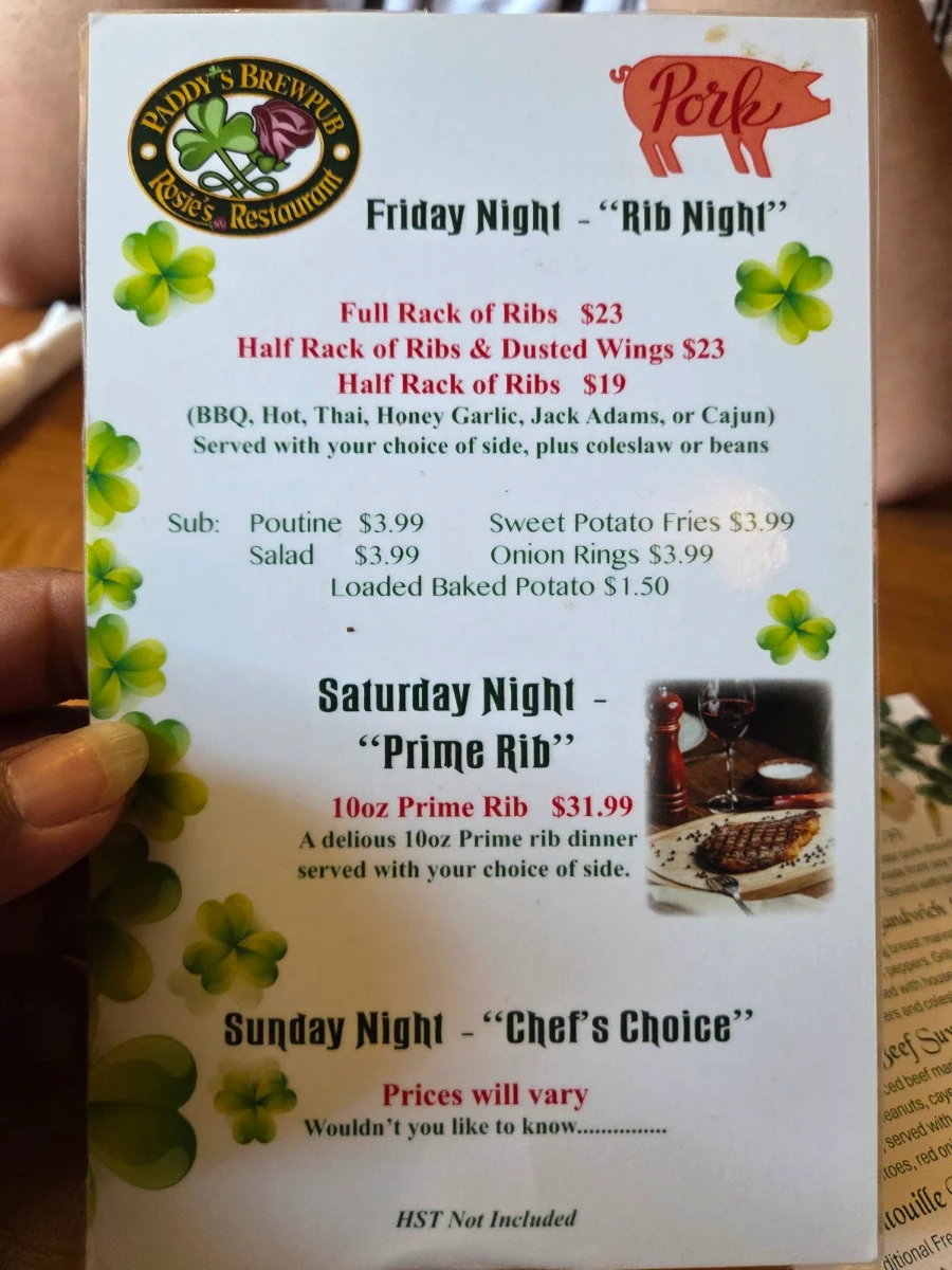 Menu, Paddy's Irish Brewpub & Rosie's Restaurant
